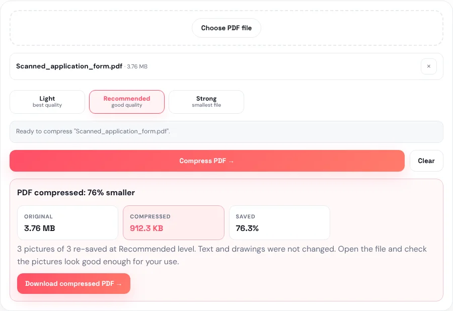 Compress PDF tool showing a 3.76 MB scanned PDF reduced to 912.3 KB at the Recommended level, 76.3% smaller