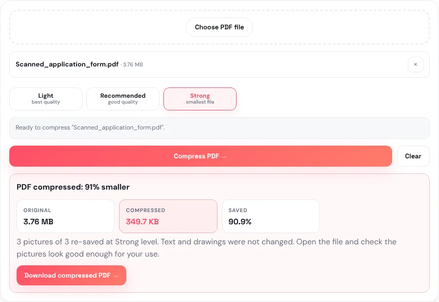Compress PDF tool showing the same 3.76 MB PDF reduced to 349.7 KB at the Strong level, 90.9% smaller