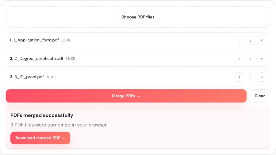 Merge PDF tool with three files in order — application form, degree certificate, ID proof — and the message PDFs merged successfully